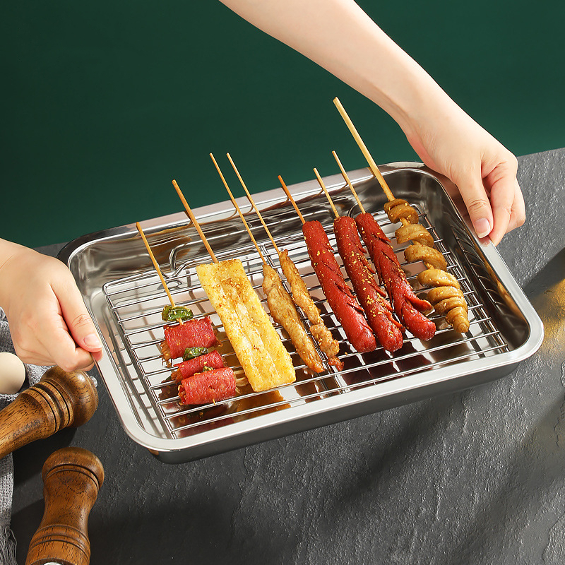 Placas de almacenamiento rectangulares, utensilios para hornear de acero inoxidable con rejilla de refrigeración, bandeja para hornear para horno de cocina, bandeja con filtro de aceite, bandejas para servicio de alimentos