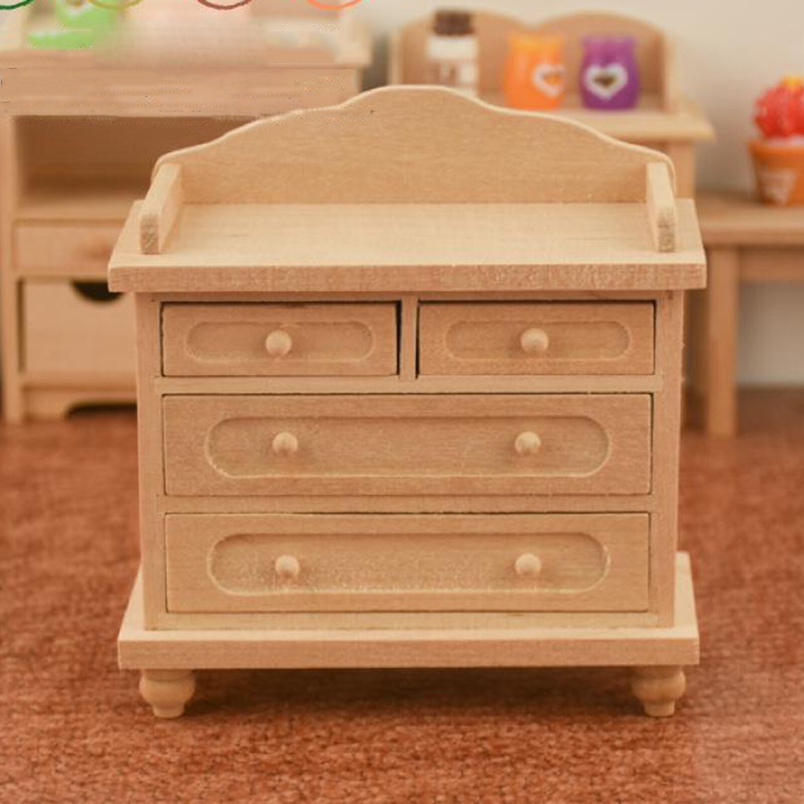 1/12 Scale Dolls House Handmade Classic Solid Wood Unpainted Nightstand TV Cabinet with Drawer Bedroom Decor Toy