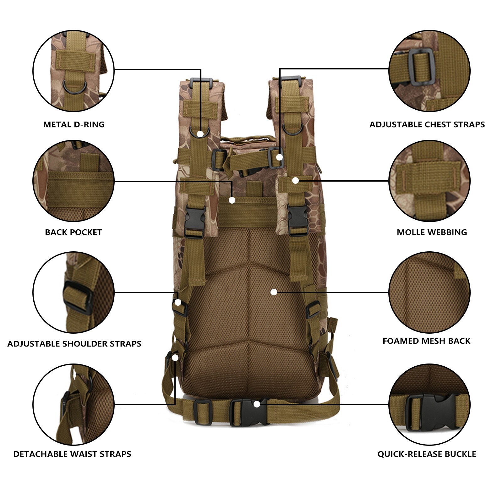 Outdoor Camouflage Backpack Mountain Hiking Daypack Large Capacity Multi Pockets Webbings Rucksacks Climbing Hiking Bags