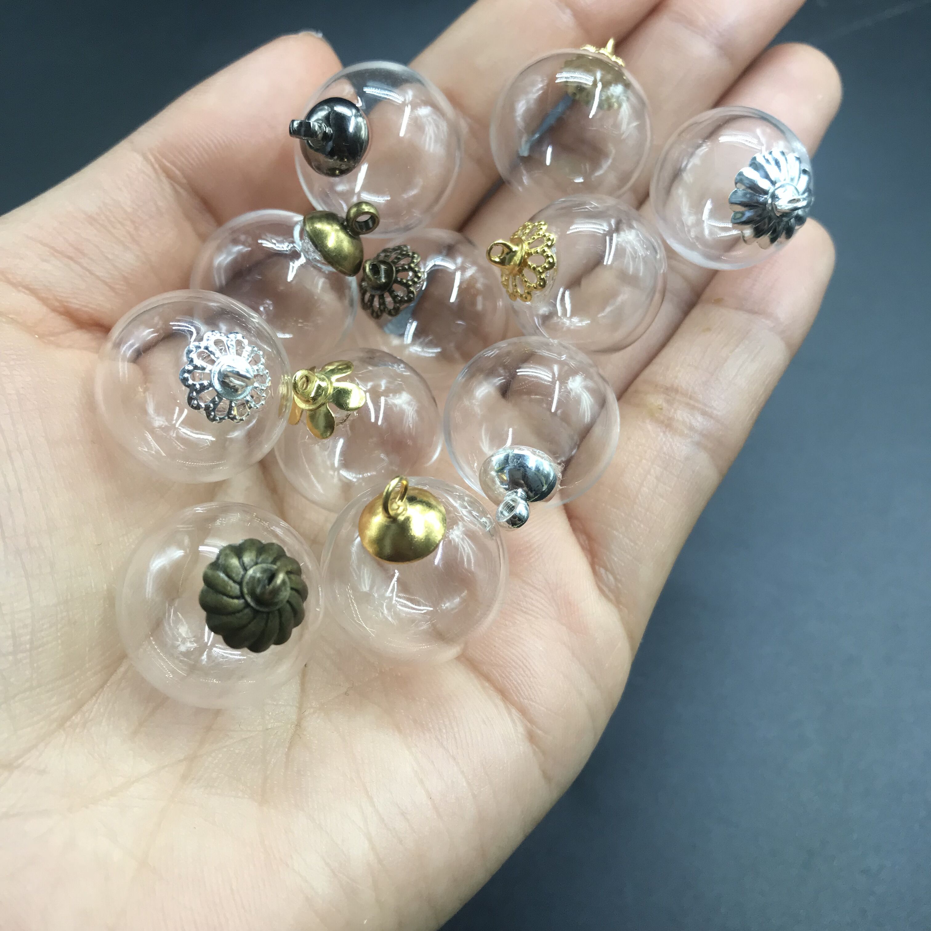 3pcs 18mm Round shape hollow glass ball with beads cap set glass globe glass vials pendant glass bottle globe jewelry findings