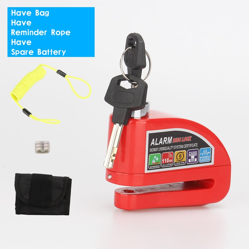 Motorcycle Scooter Metal Security Anti-theft Wheel Disc Brake Lock Alarm 2m Reminder Rope Alarm Lock BikeBrake Bag Spare Battery: Red Package C