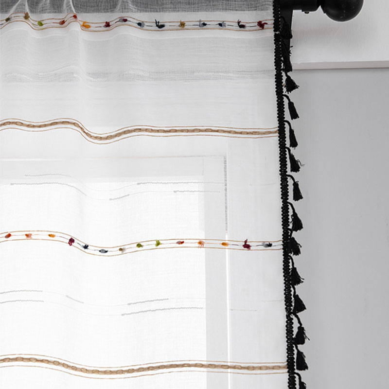 White Pom Pom Sheer Curtains For Girls Bedroom Living Room Tasseled Linen black Semi-Sheer Curtains Voile Panels