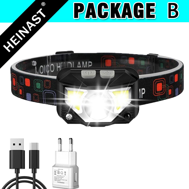 COB LED Headlamp USB Rechargeable Head Lamp with Built-in Battery Motion Sensor Inductive Headlight Multi-Mode Camping Light: B Packing