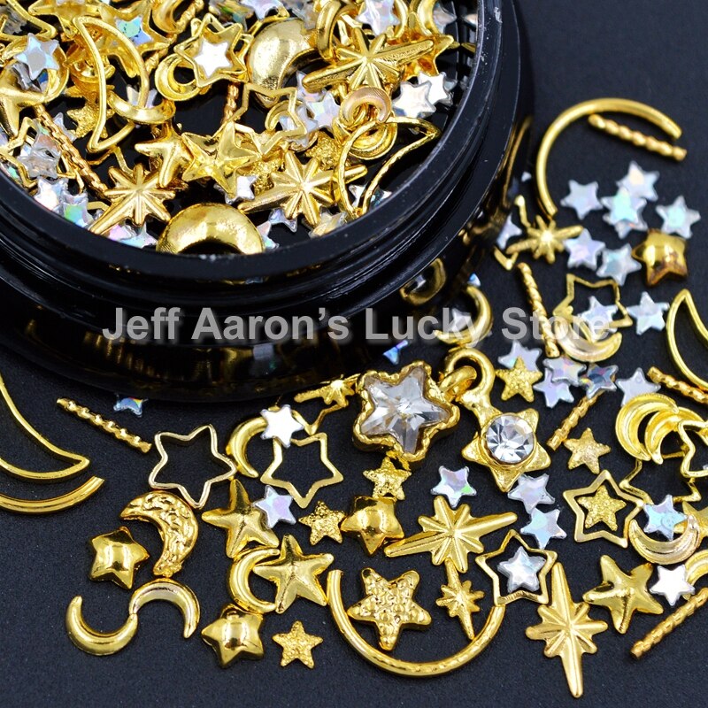1 Jar Gemengde Gold Metal 3D Nail Art Decoratie Pailletten Studs Micro Caviar Kralen Manicure Nagels Accessoires Sterrenlicht Ster Maan