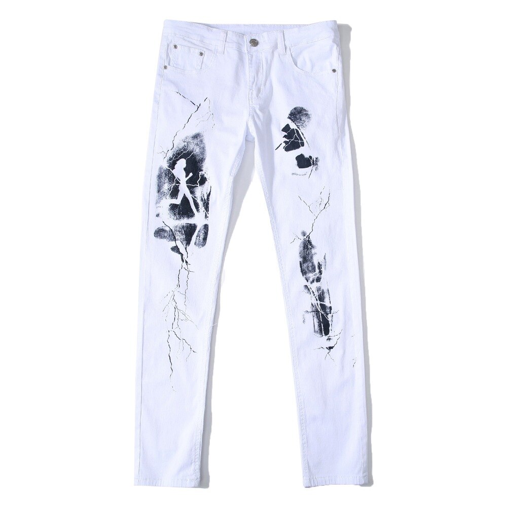 Pattern Printing Biker Jeans Men's Denim Trouser Elasticity Male Slim Pants Plus Size 42