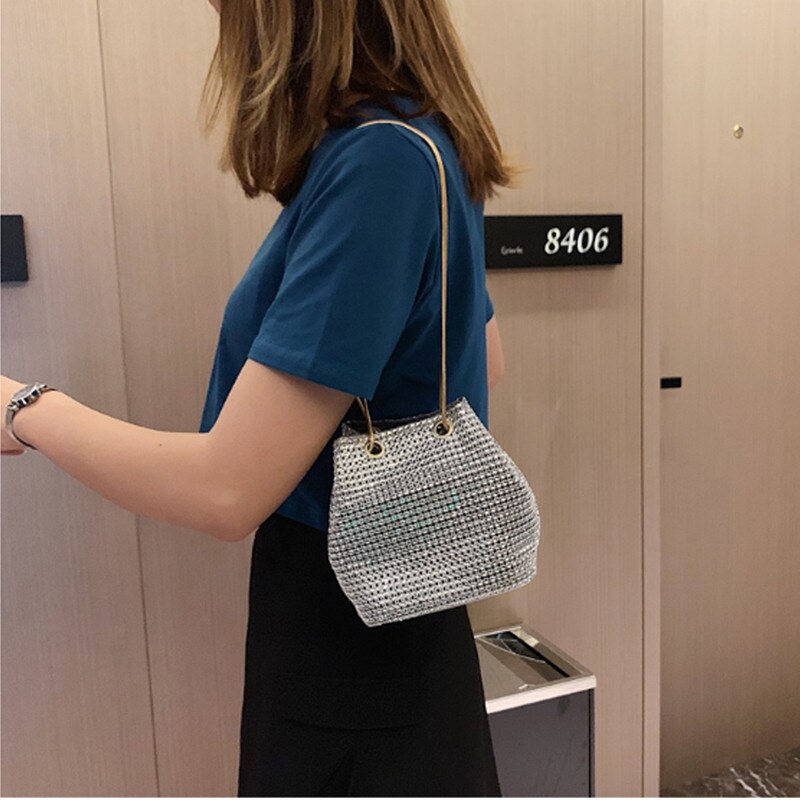 Mode Avondtasje Vrouwen Strass Emmer Tas Kristal Koppelingen Schouder Emmer Zak Shining Cross-Body Handtas