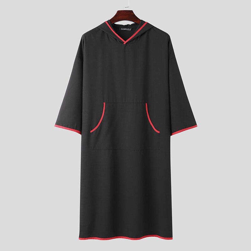 Heren badjassen met capuchon, homewear, patchwork, zakken, 3/4 mouwen, nachtkleding, losse, snel drogende heren strandponcho's incerun s -5xl: Zwart / S