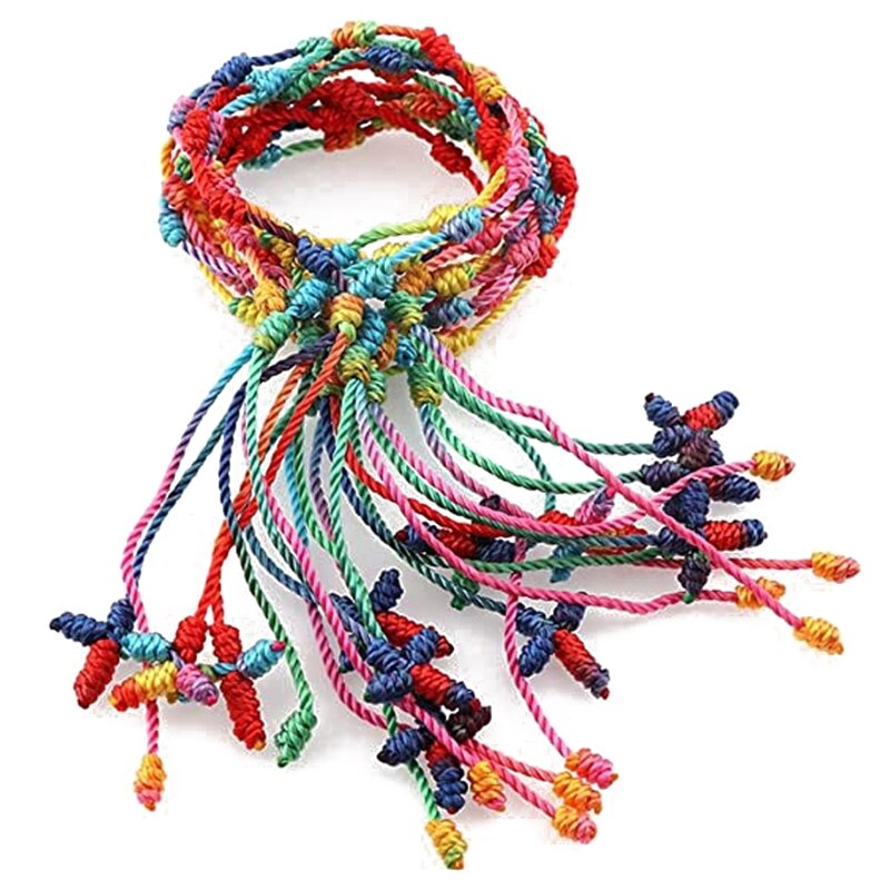12Pcs Adjustable Kabbalah 7 Knot String Cross Bracelet Good Luck Tibet Bracelet B36D: Colorful