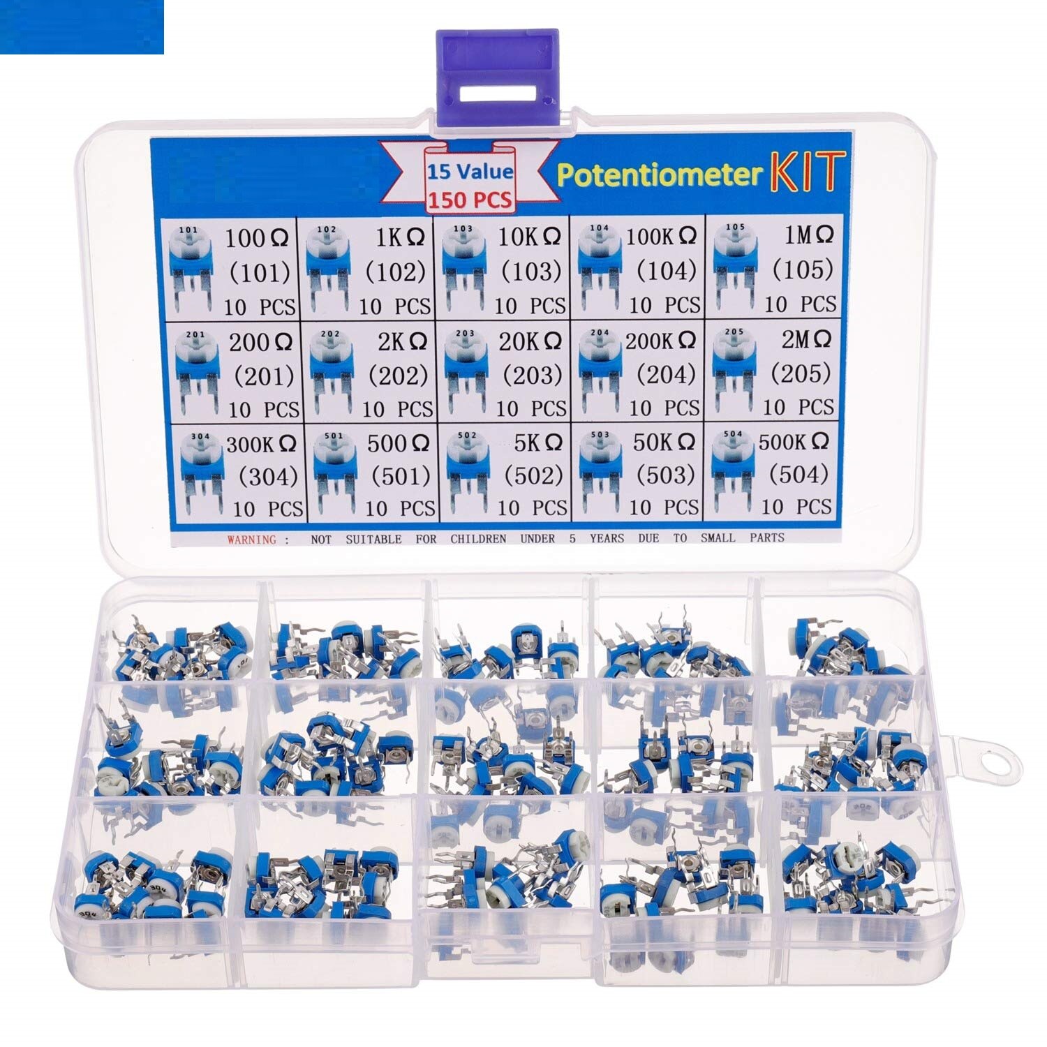 15 Values 150 pcs 100 Ohm- 2M Ohm Variable Resistor 6mm Potentiometer Assortment Kit packag in a Clear Plastic Box