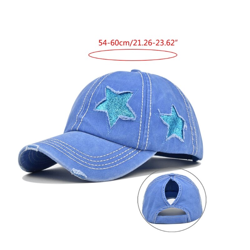 Vrouwen Gewassen Baseball Cap Glitter Ster Borduurwerk Verontruste Paardenstaart Gat Hoed