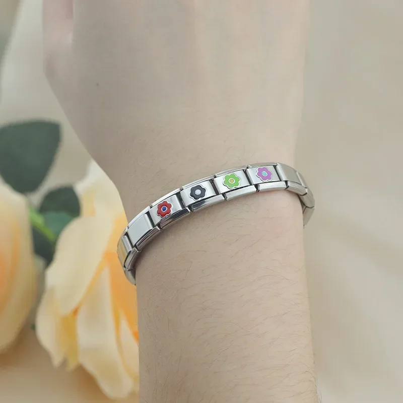 Hapiship DIY Pretty Colors Flower Italian Charm Links Fit 9mm Bracelet Stainless Steel Jewelry Making DJ861