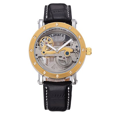 SHENHUA mannen Bridge Analoge Weergave Mechanische Horloge Skeleton Automatische Zelf Wind Man Klok Lederen Band Relogio Masculino: Gold Black