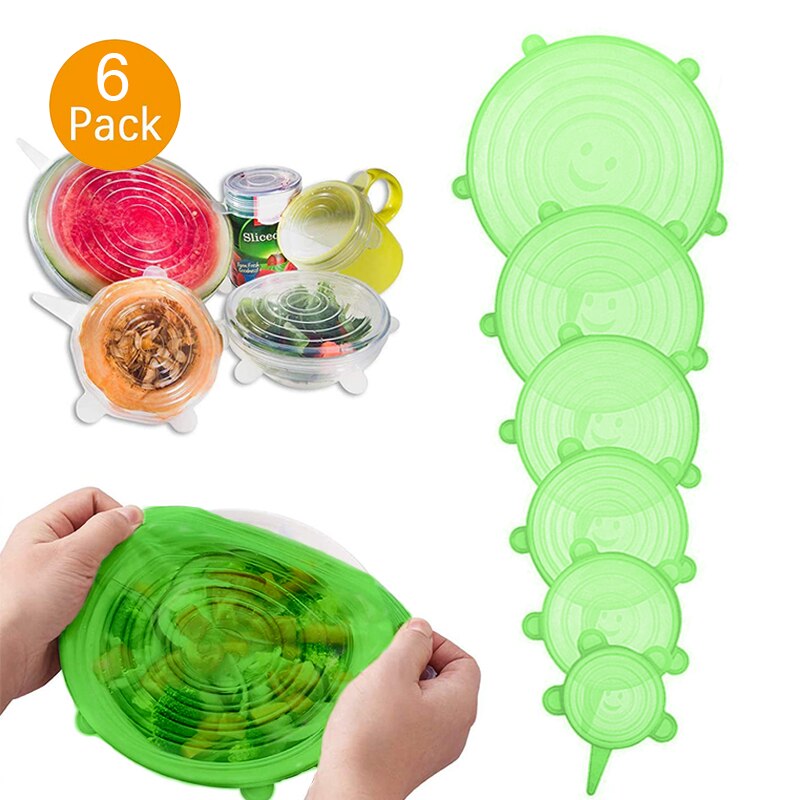 Tapas elásticas de silicona de cobertura completa, cubiertas herméticas para envolver alimentos, utensilios de cocina elásticos con sello fresco, 6 uds.: Green