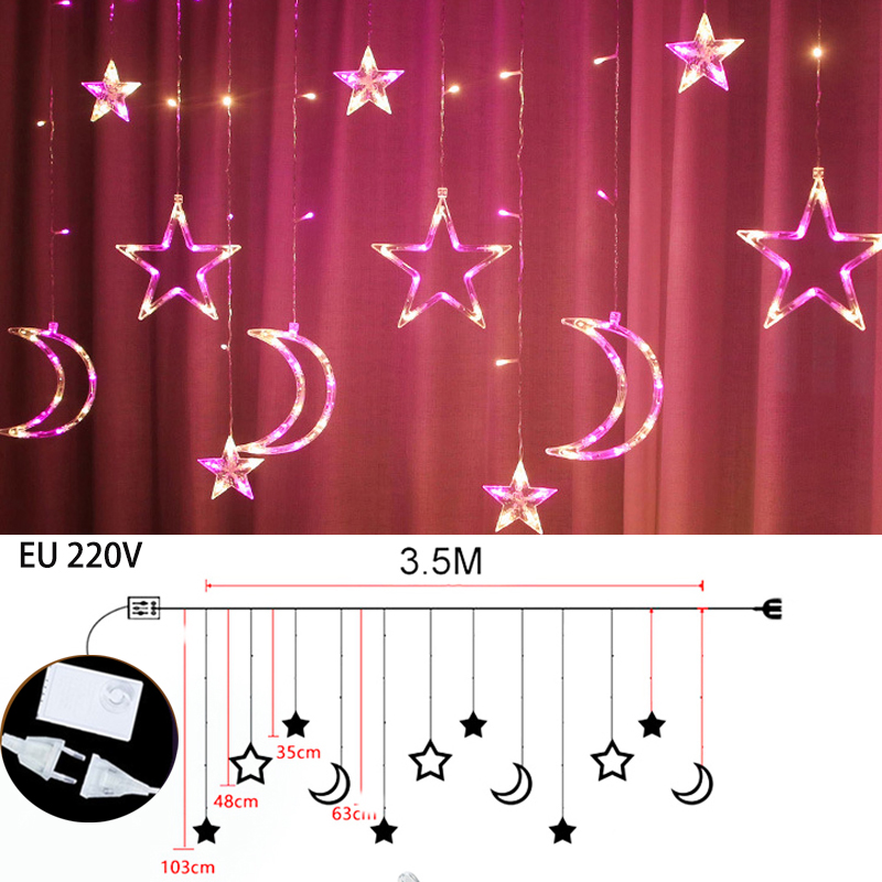 Mond Sterne LED Lichterkette Schnur Weihnachten Neue Jahr Girlande Vorhang Lampe Ramadan Dekoration Für Heimat Schlafzimmer Fenster Eid Mubarak: EU 220v Rosa