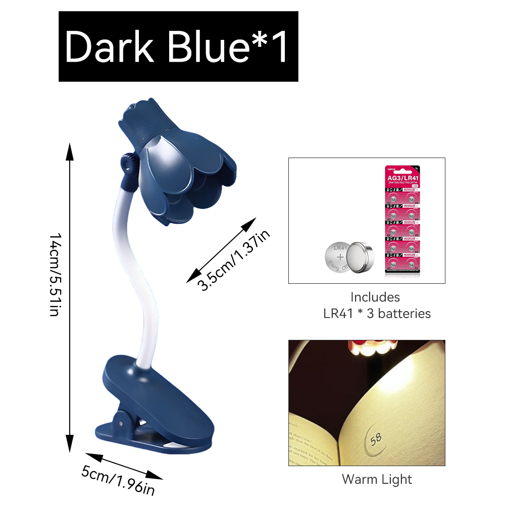 1pc justerbare klokkeformede led-boklamper med klips, dekorativ bordlampe for skrivebord, øyebeskyttelse for boklesing: Blå