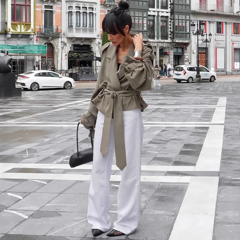 2025 Vrouwen Lace Up Riem Trenchcoat Chic Solid Revers Volledige Mouw Zak Korte Windjack Herfst Dame Straat Bovenkleding