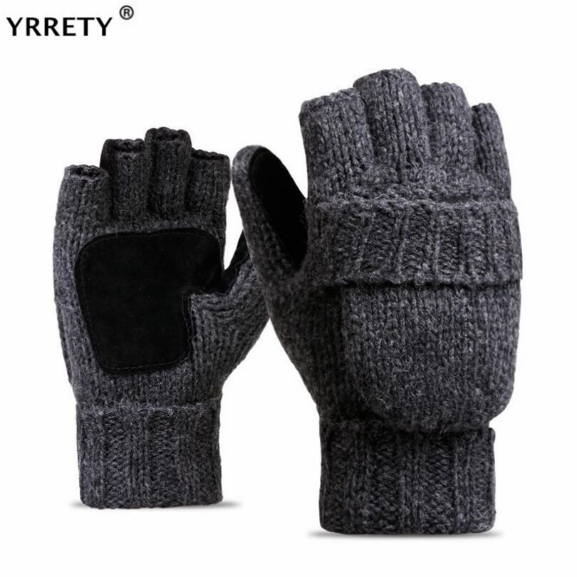 Yrrety Unisex Plus Dikke Mannelijke Vingerloze Handschoenen Mannen Wol Winter Warm Blootgesteld Vinger Wanten Gebreide Warme Flip Half Vinger Handschoenen