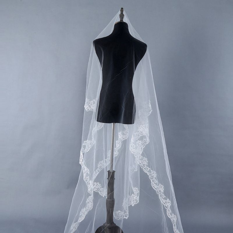 Voile de Tulle blanc Ultra Long, 1.5/2/3/5M, 1 couche, voile de mariage, large, brodé, Floral Hexagonal, bord appliqué, 1.5/2/3/5M