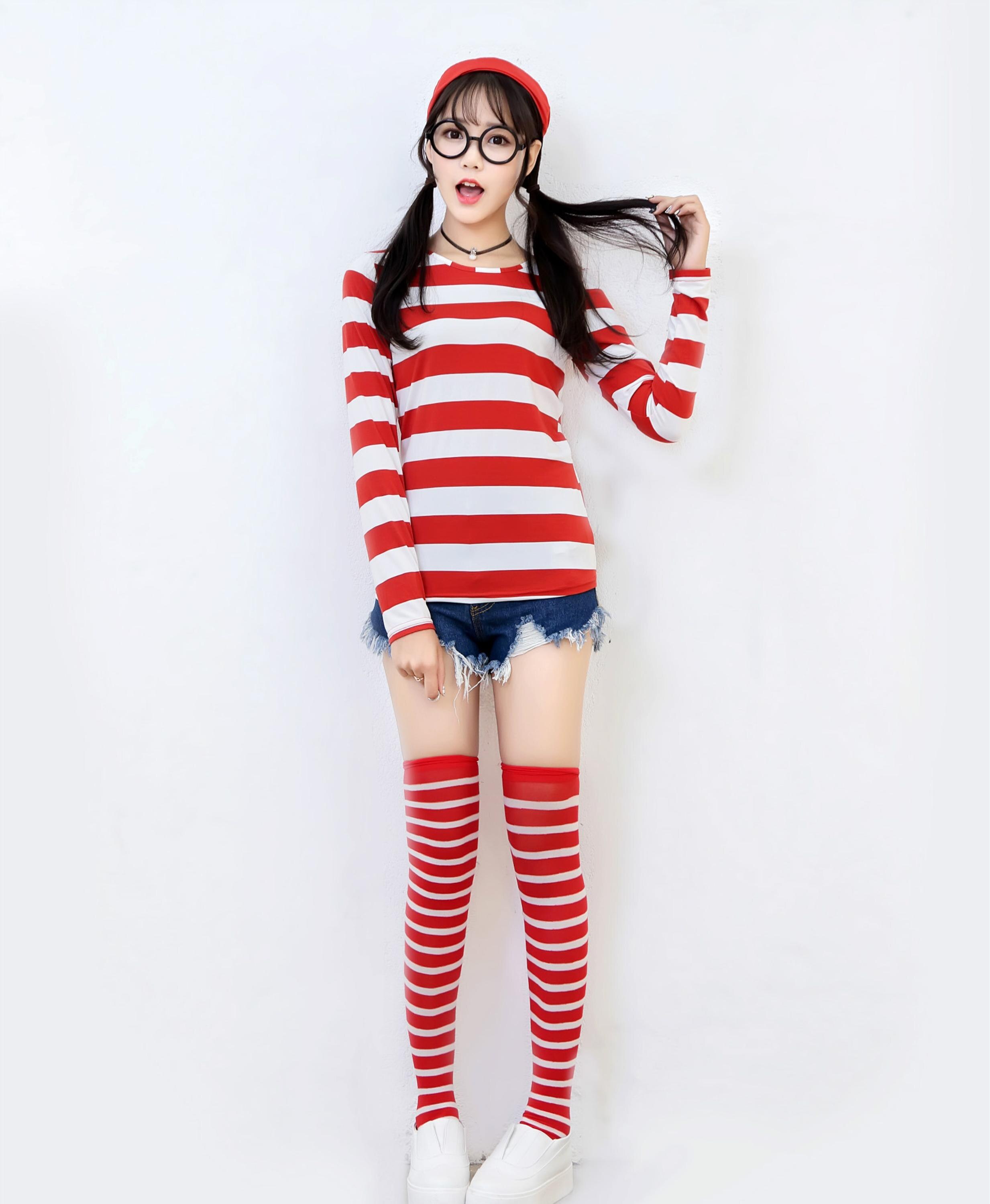 Erwachsene Herren Damen Wally Wenda Waldo Charakter Kostüm Rot Weiß Outfit Buch Woche Phantasie Kleid Hemd Hut Gläser