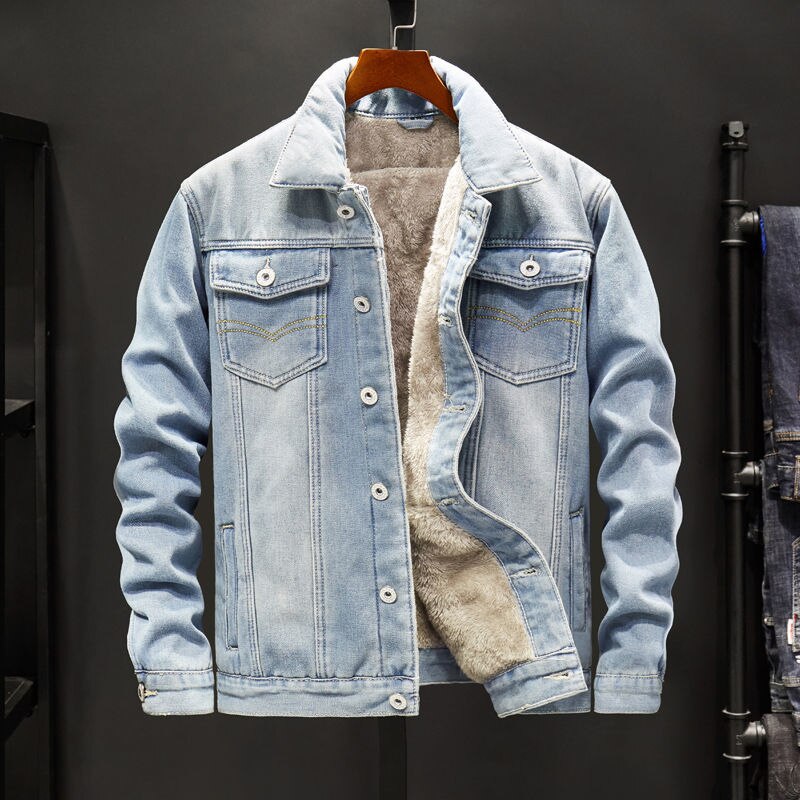 Winter Mens Denim Jackets Men Fleece Thick Warm Jeans Jacket Men Casual Slim Outwear Windbreaker Cowboy Denim Coats: wathet / L
