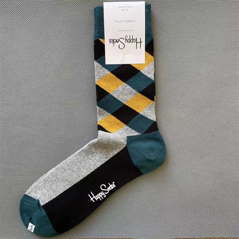 Happy Socks Men's Diamond Check Socks Four Seasons Pure Cotton Geometric Pattern Sports Socks Size 41-46