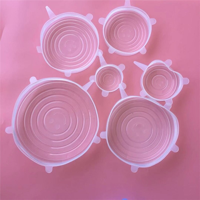 6 stuks herbruikbare siliconen kom afsluitdoppen magnetron koelkast verse kom deksel voedsel vers houden rekbaar magisch deksel: Transparant