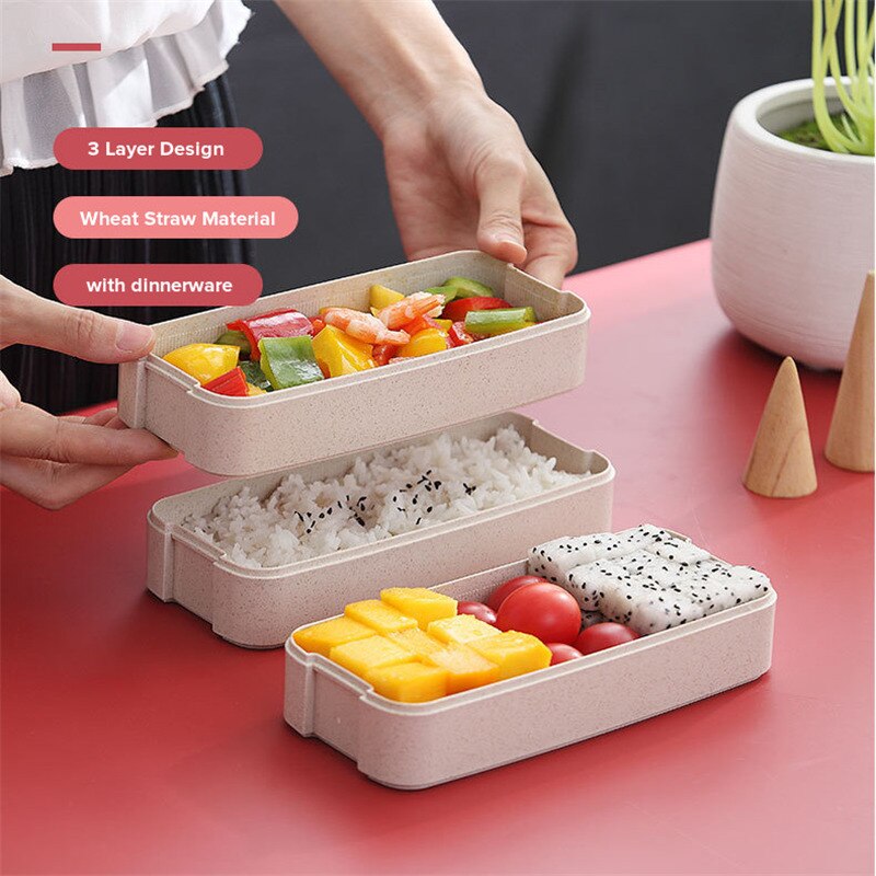 900ml Gezonde Materiaal Lunchbox 3 Layer Tarwe Stro Bento Dozen Magnetron Servies Voedsel Opslag Container Lunchbox