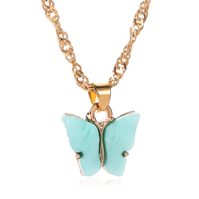 Eenvoudige Mini Vlinder Hanger Kettingen Candy Kleur Vlinder Ketting Verklaring Vintage Neckless Claviculaire Keten Vrouwen Sieraden: Acrylic-Blue