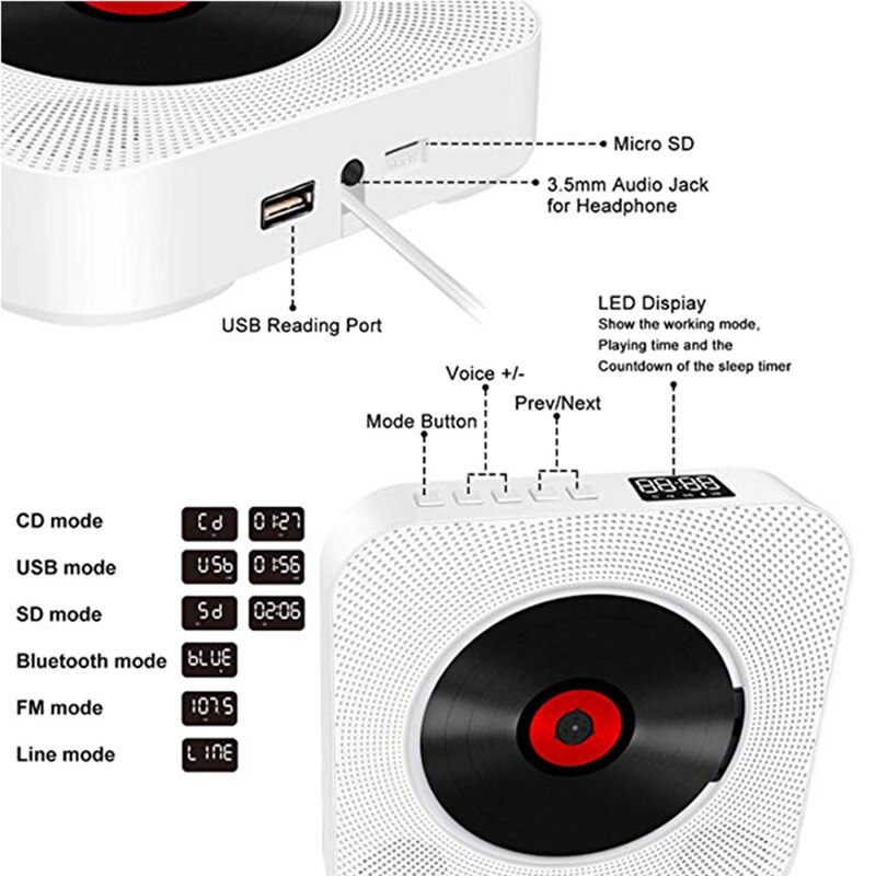 KC-809 Wall-Mounted CD Player Bluetooth Speaker Portable Home Audio Boombox With Remote Control FM Radio