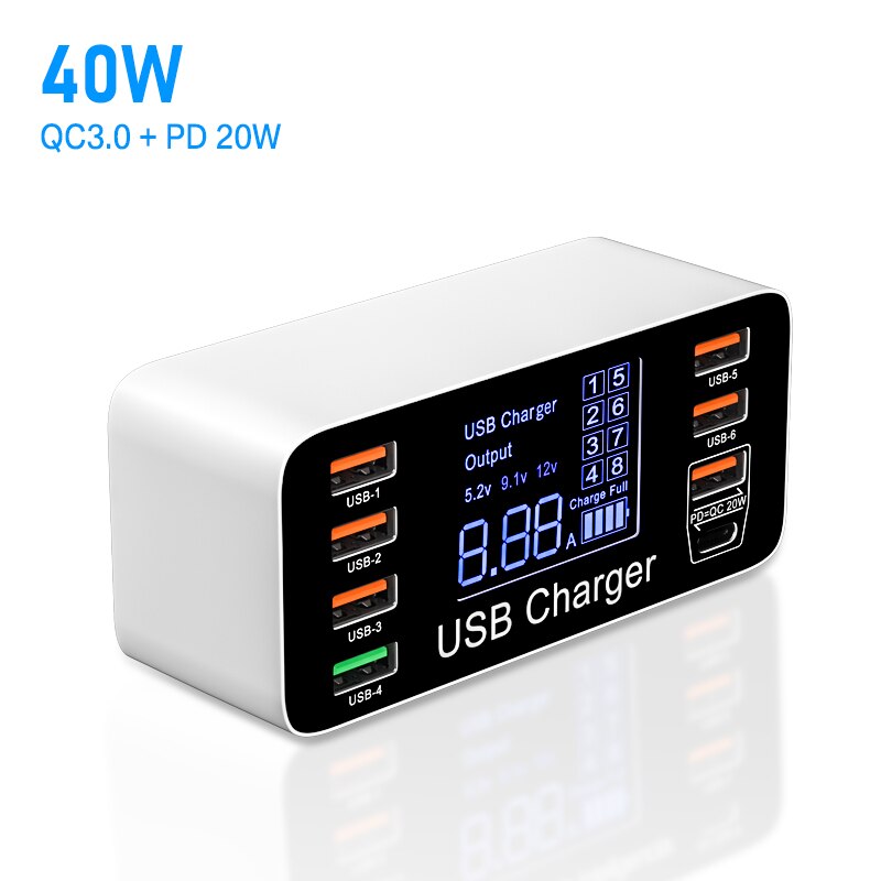 60w usb-handyladegeräte mit 8 usb-c-anschlüssen ,  qc3.0 pd usb-c-schnellladegeräte mit schnellladefunktion, 3.0 intelligente ladestationen mit led-anzeige und netzteil: Uk-stecker / 40w usb-ladeanschlüsse