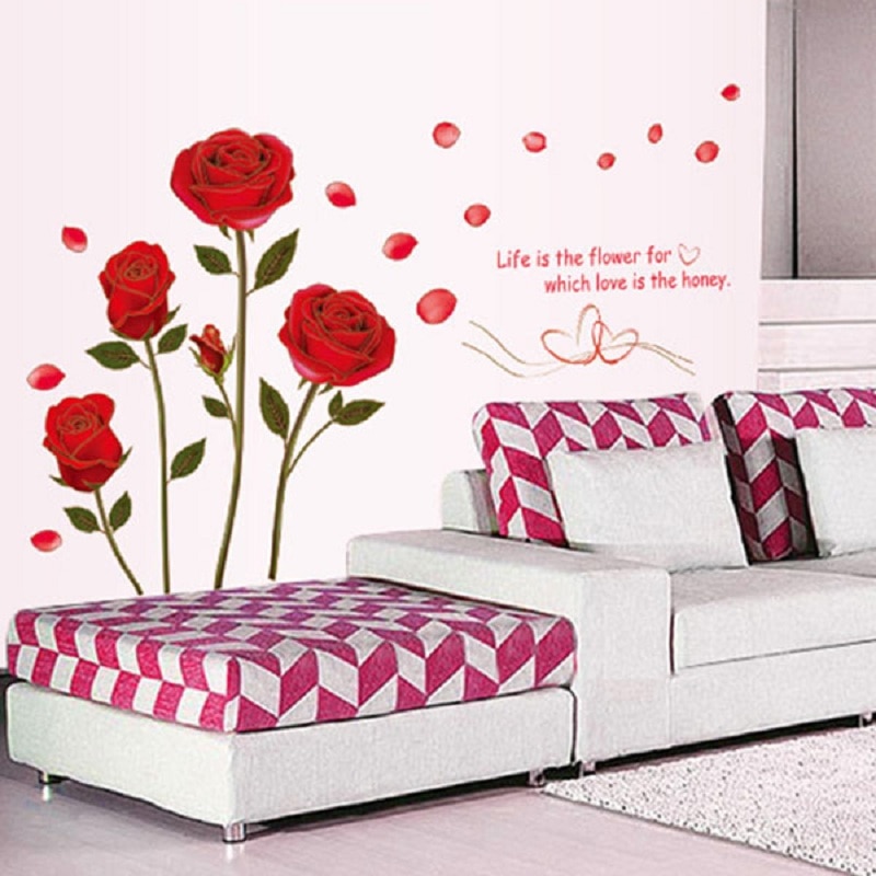 Removable Red Rose Life Is The Flower Quote Wall Sticker Mural Decal Home Room Art Decor DIY Romantic Delightful 6055
