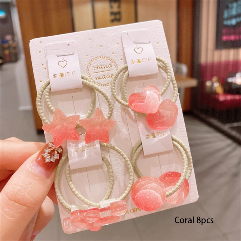 Conjunto de artículos para el cabello con figuras geométricas para niña, 8 Uds., coletero elástico de estrella y corazón para niña, goma de dibujos animados para cabello, de Navidad: Coral 8pcs