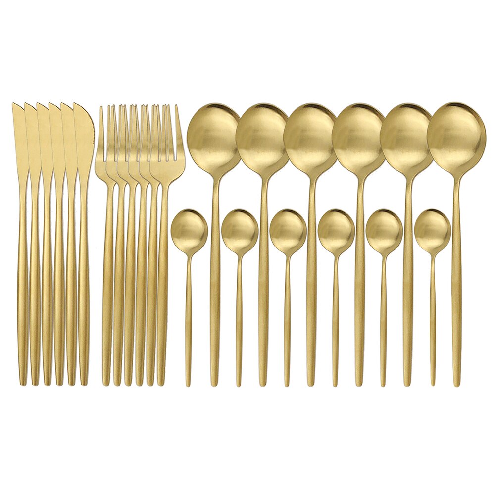 Couverts en or noir mat de 24 pièces | Service de vaisselle en acier inoxydable 304 fourchette cuillère en argenterie, service de couverts de cuisine: 24Pcs Gold