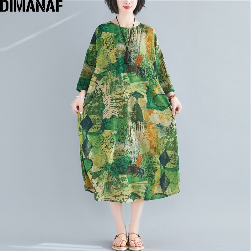 DIMANAF vestido de verano con estampado de gran tamaño, vestido veraniego para mujer, ropa de playa, Vestidos elegantes para mujer, Vestidos de algodón, Casual, suelto, de talla grande
