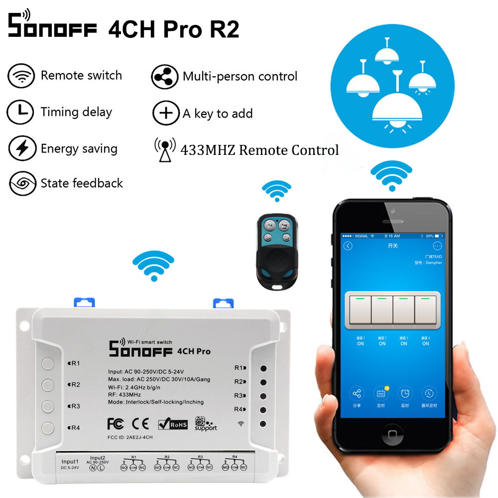 Sonoff 4CH Pro R2 Smart Wifi Lichtschakelaar 4 Gang, 3 Werkingsmodi Tippen Interlock Zelfsluitende Rf/Wifi Switch Werkt Met Alexa