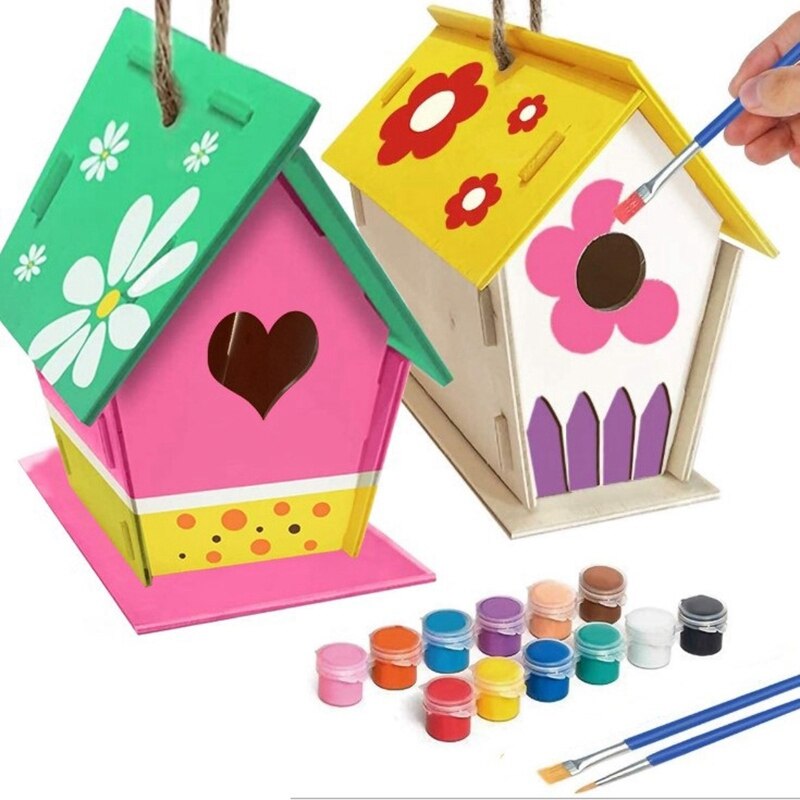 34 Pcs DIY Bird House Kit-Build and Paint Birdhouse Unfinished Paintable Bird House for Kids to Build Wooden Arts