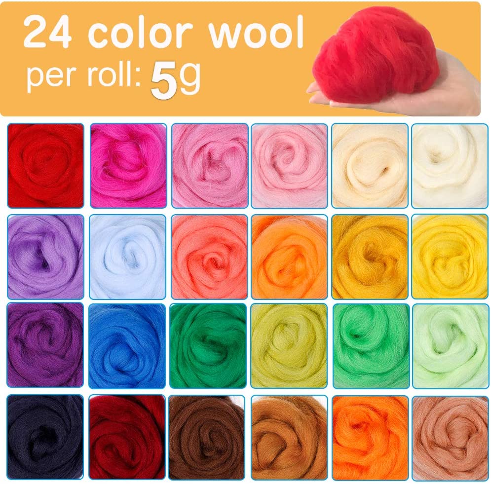 KAOBUY 38pcs Needle Felting Kit 24 Colors Wool Roving For Felting Needle Felting Starter Kit With Basic Felt Tools Supplies