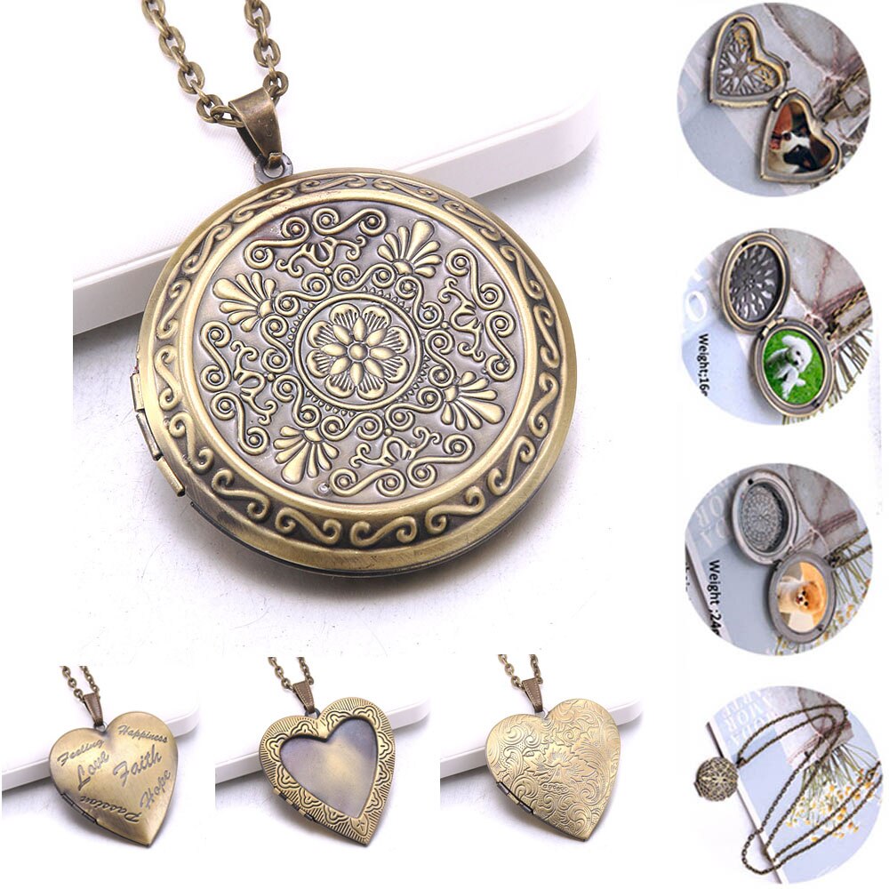 Retro Carved flower Mini Photo locket Pendant Romantic Memory Photo necklace copper Album box necklace Women jewelry