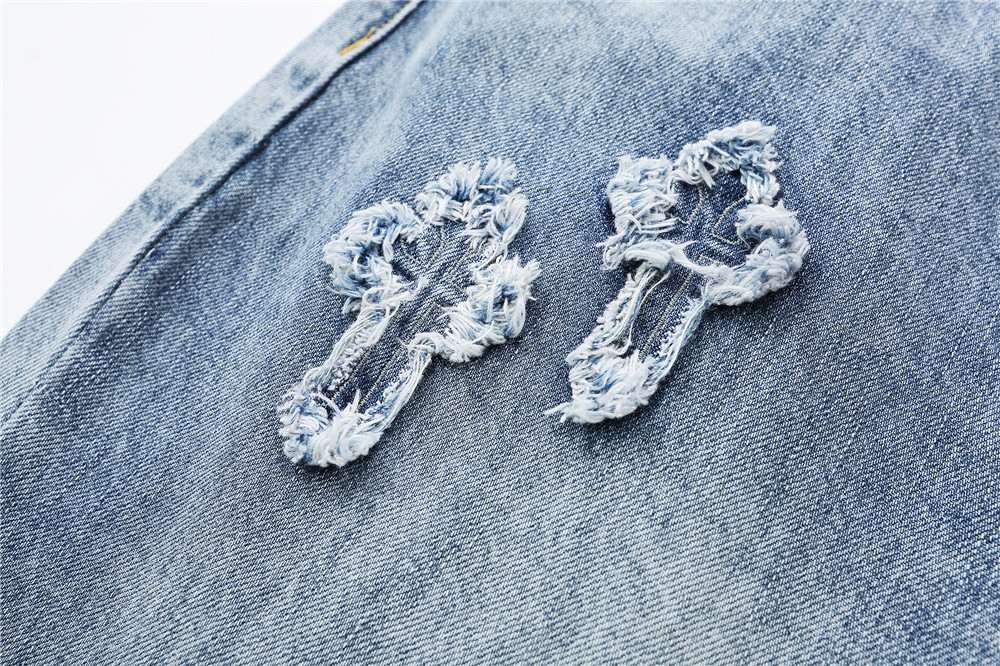 Kreuz Gestickte gewaschen Jeans männer Straße verlieren Gerade Beiläufige Breite Bein Jeans