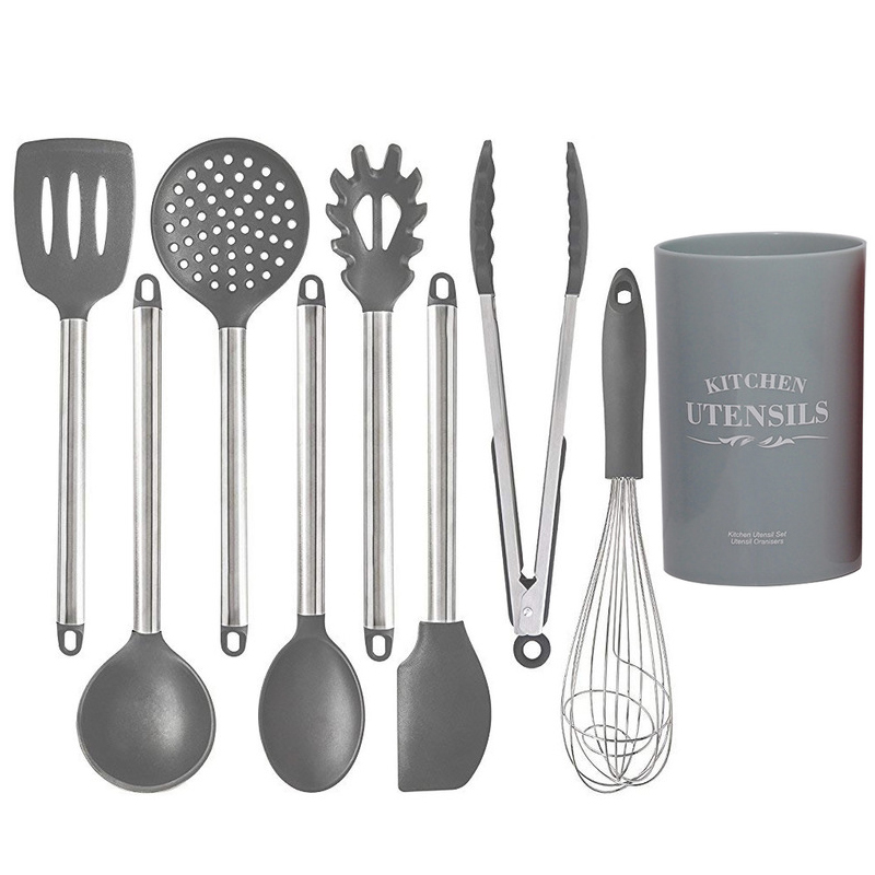 Silikon kjøkkenutstyr sett varmebestandig bakeredskap slikkepott spade suppeskje med trehåndtak non-stick kokekar: 9 stk grå