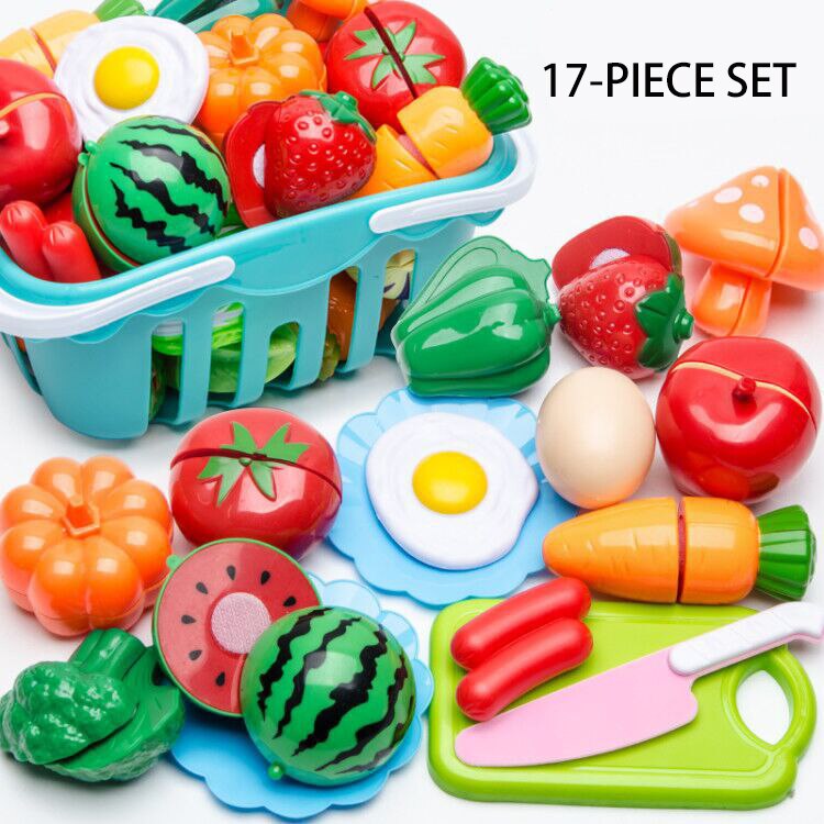 Kit de cocina de plástico para niños, juego de simulación de frutas y verduras, juguete educativo para cortar, de cumpleaños, 150 piezas: 17-piece set