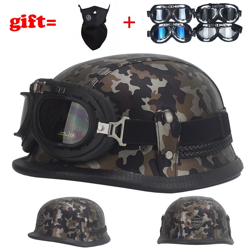 Imitation World War II German Helmet Style Open Face Half Leather Helmet Moto vintage Motorbike Vespa camouflage