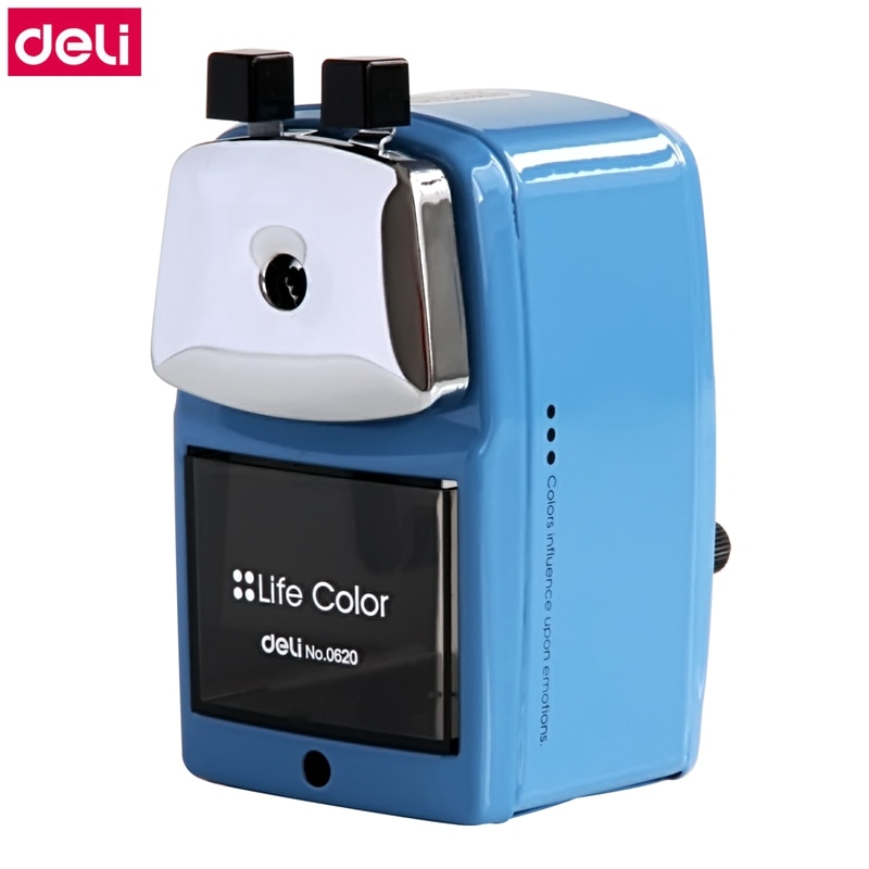 Deli 0620 Sacapuntas de lápiz con manivela manual Sacapuntas de estudiante lápiz infantil afilador de 2 colores giratorios tipo lápiz con accesorio para mesa