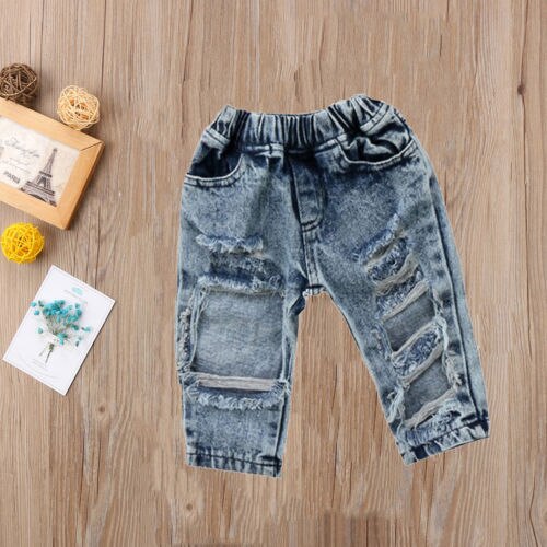 Børn piger patch denim bukser stretch elastiske bukser jeans revet tøj patch