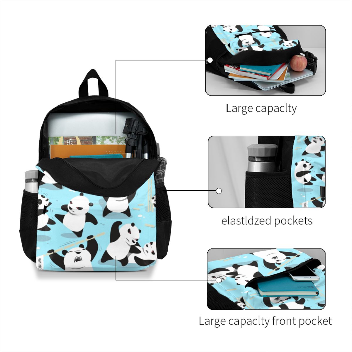Rucksäcke mit wütendem panda-motiv, pandamonium university-rucksack für teenager, schöne polyestertaschen