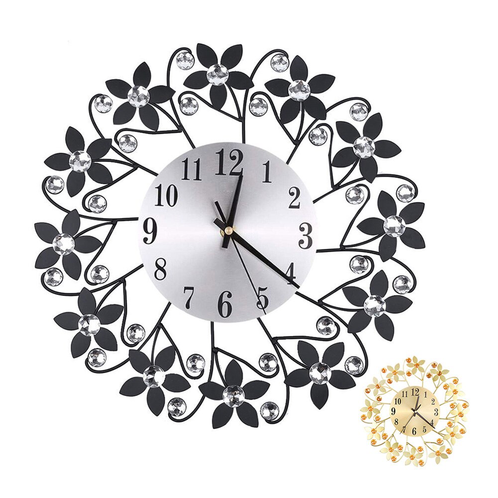 Round Rhinestone Flower Wall Clock Living Room Home Restaurant Hanging Decor