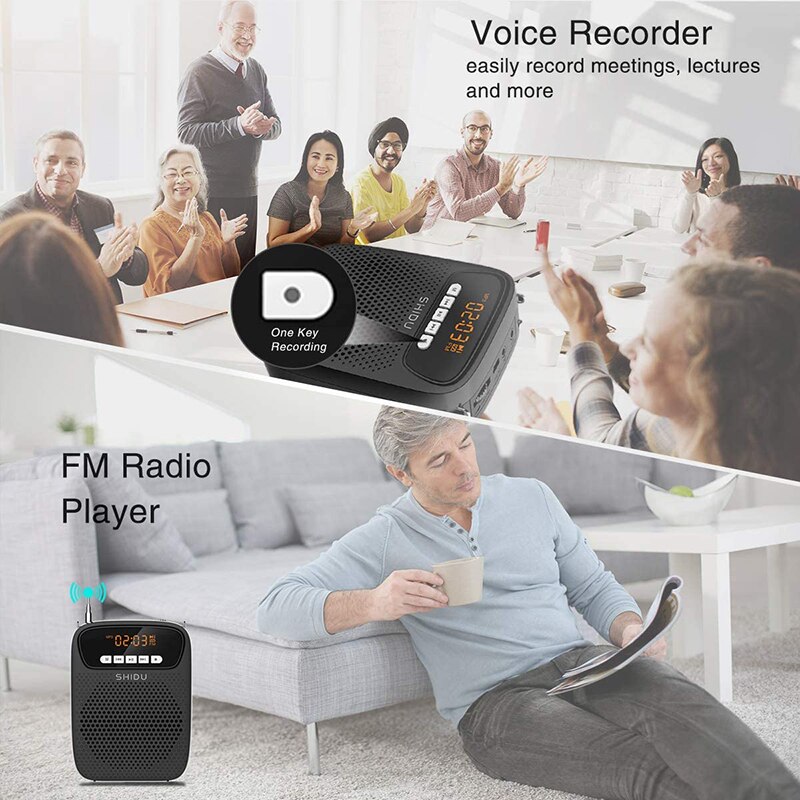 SHIDU-Amplificador de voz para micrófono para profesores, altavoz megáfono con Radio FM, reproductor de discos para guía de viaje