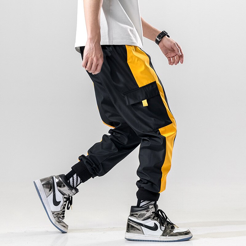 Men Side Striped Joggers Mens Japanese Streetwear Patchwork Sweatpants Male Hip Hop Track Pants Yellow Trousers