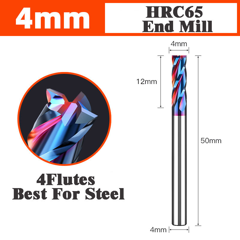 Fresa de extremo de carburo HRC65 de 4 flautas, herramientas de corte CNC, fresas de fresado de carburo de aleación, fresa de acero de tungsteno, broca enrutadora cuadrada: 4 mm