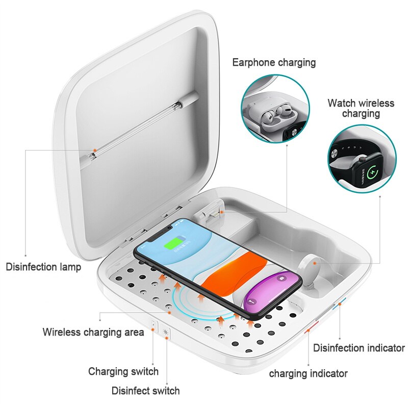 4in1 qi caixa de esterilização carregador sem fio esterilizador do telefone caixa luz uv desinfecção para iphone 11 pro apple relógio para airpods